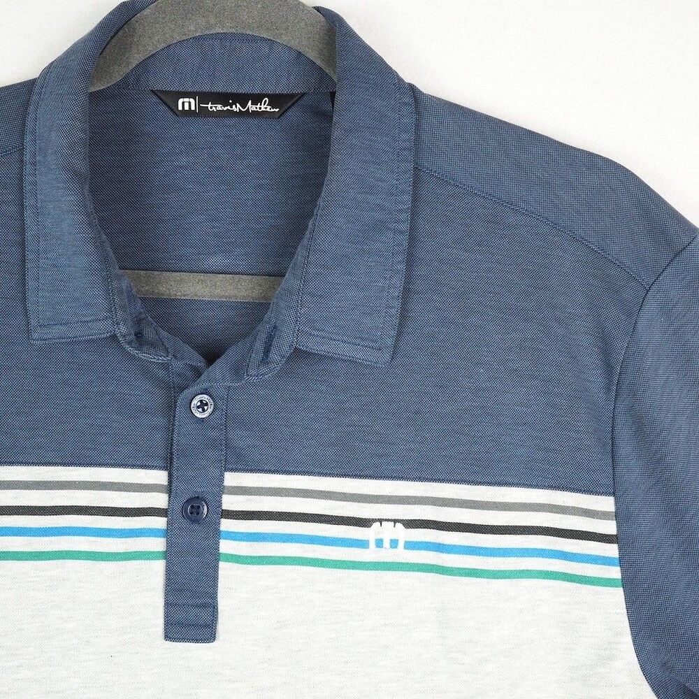Travis Mathew Pima Cotton Performance Knit Polo Shirt Mens L Blue Gray Striped